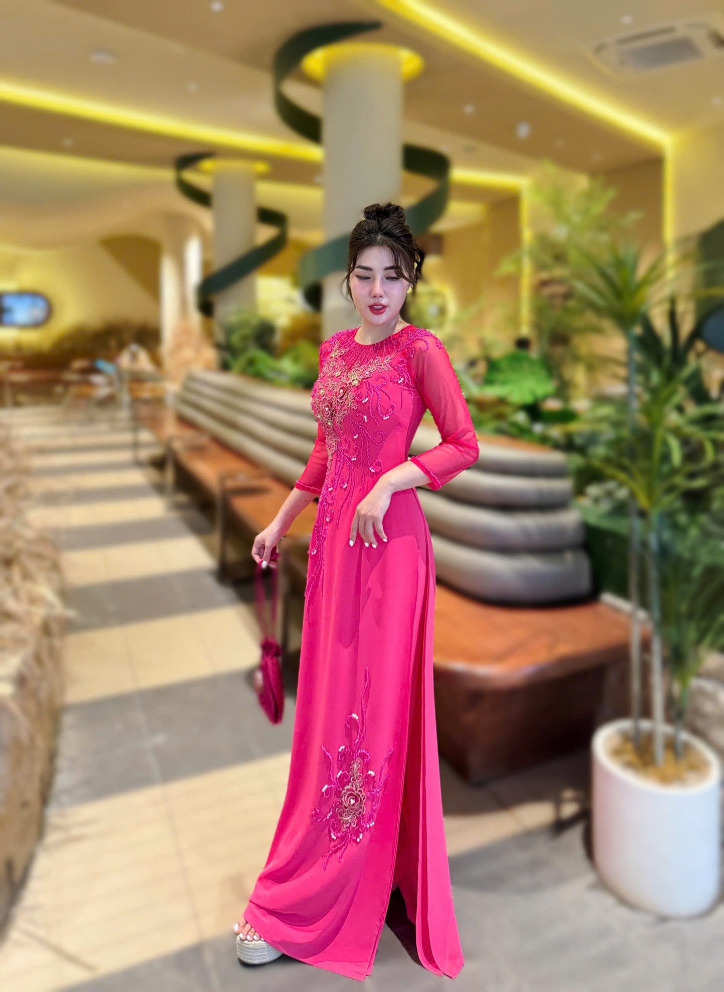 Set Ao Dai Chiffon Double Layers Design with Crystal/ Pants included/TK47