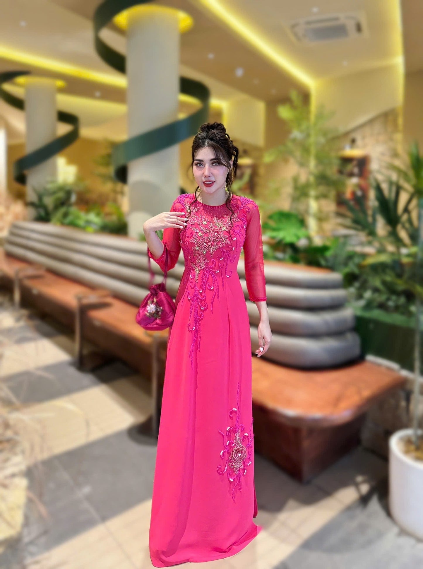 Set Ao Dai Chiffon Double Layers Design with Crystal/ Pants included/TK47