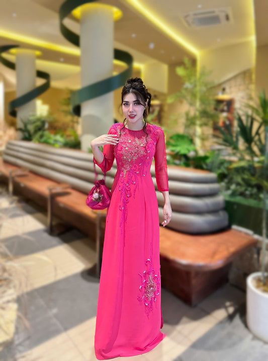 Set Ao Dai Chiffon Double Layers Design with Crystal/ Pants included/TK47