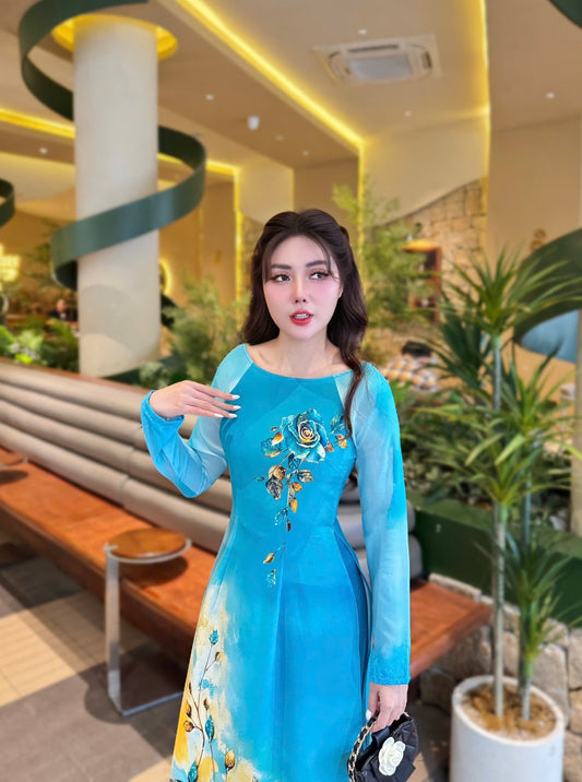 HA MAI Set Ao Dai Design with 4D  Print flowers/pants include/G333