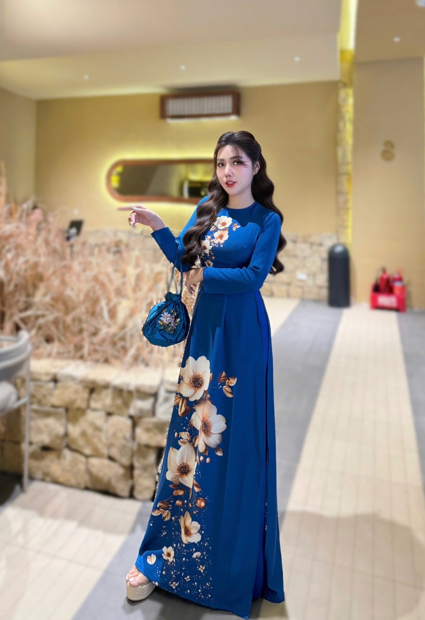 HA DAO Set Ao Dai Lua Thai Tuan Blue color/pants included/G332