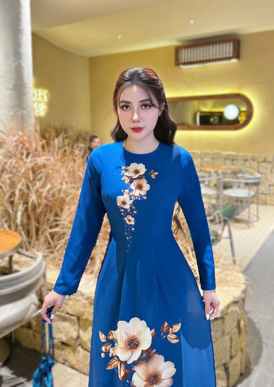 HA DAO Set Ao Dai Lua Thai Tuan Blue color/pants included/G332