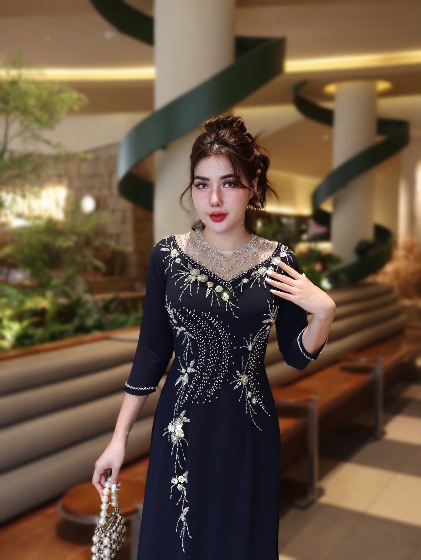 Set Ao Dai Chiffon Double Layer Design with Crystal/Pants included/TK38