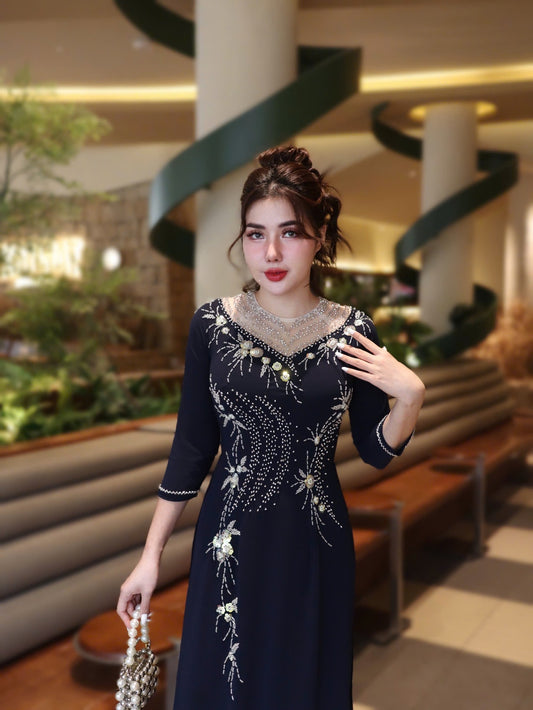 Set Ao Dai Chiffon Double Layer Design with Crystal/Pants included/TK38