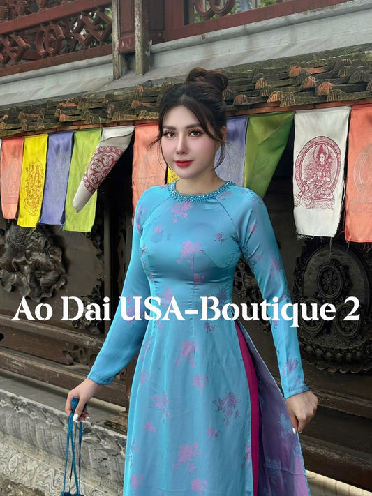 THIEN CUC Ao Dai Lụa To Tam Blue Color/Pants include/TT59