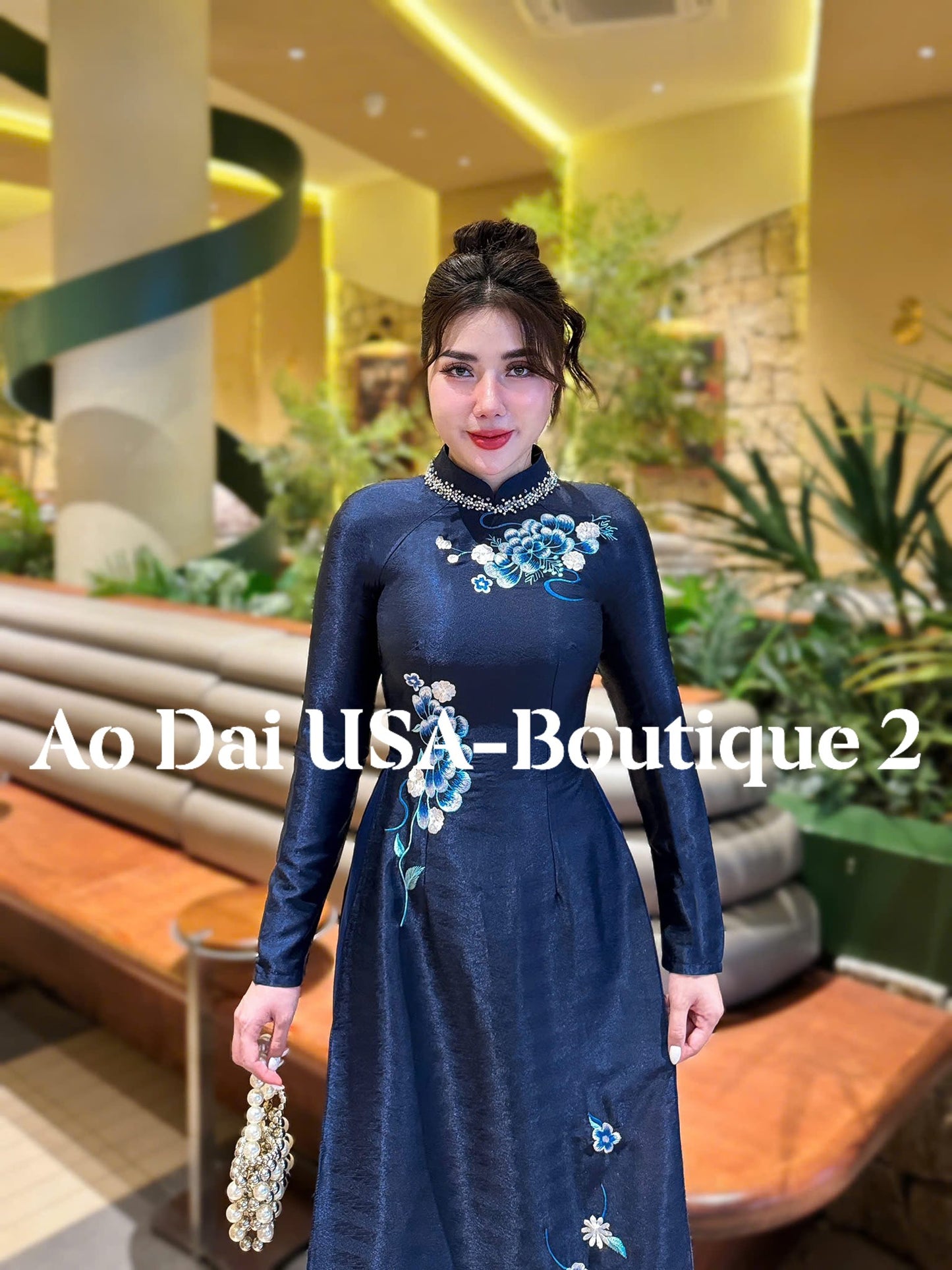 MAI CHI  Set Ao Dai Lua Tằm Blue color/pants included/S244