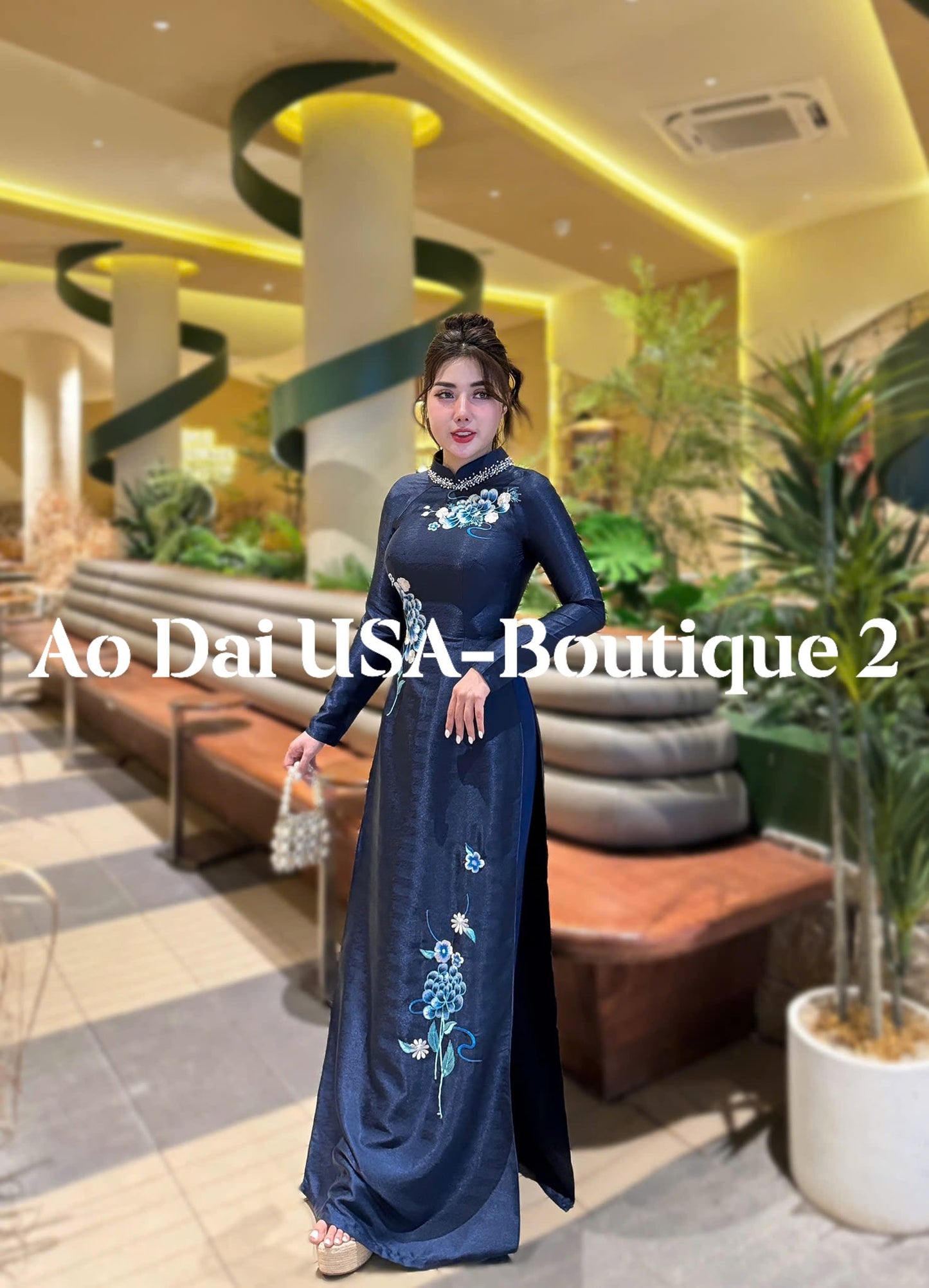 MAI CHI  Set Ao Dai Lua Tằm Blue color/pants included/S244