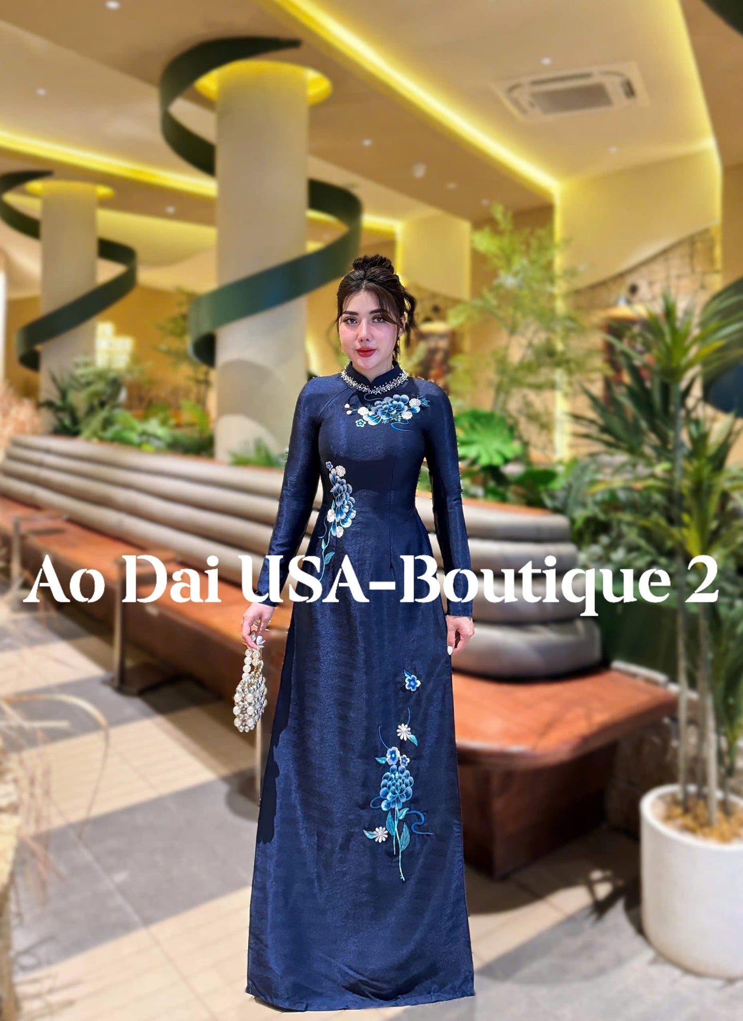 MAI CHI  Set Ao Dai Lua Tằm Blue color/pants included/S244