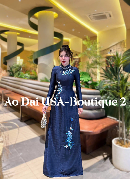 MAI CHI  Set Ao Dai Lua Tằm Blue color/pants included/S244