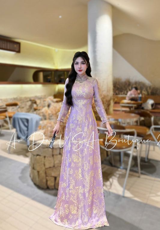THANH NHA Ao Dai Gam Tơ Tam Thai Tuan Luxury Pink and Yellow Color/Yellow Pants included/TT61