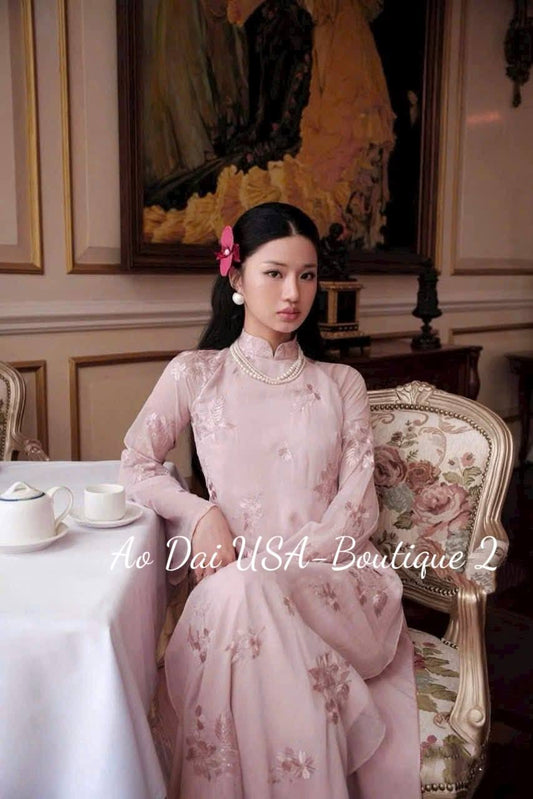 Light Pink Ao Dai Cach Tan Set: Modern Vietnamese Dress with Pants/ CT238