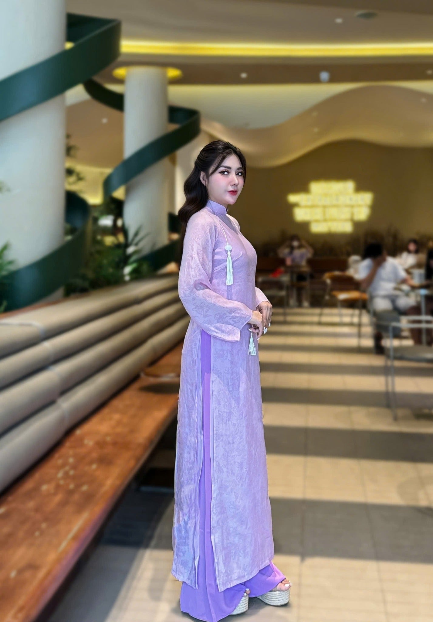 Set Ao Dai Cach Tan: Purple pastel Vietnamese Dress with Pants