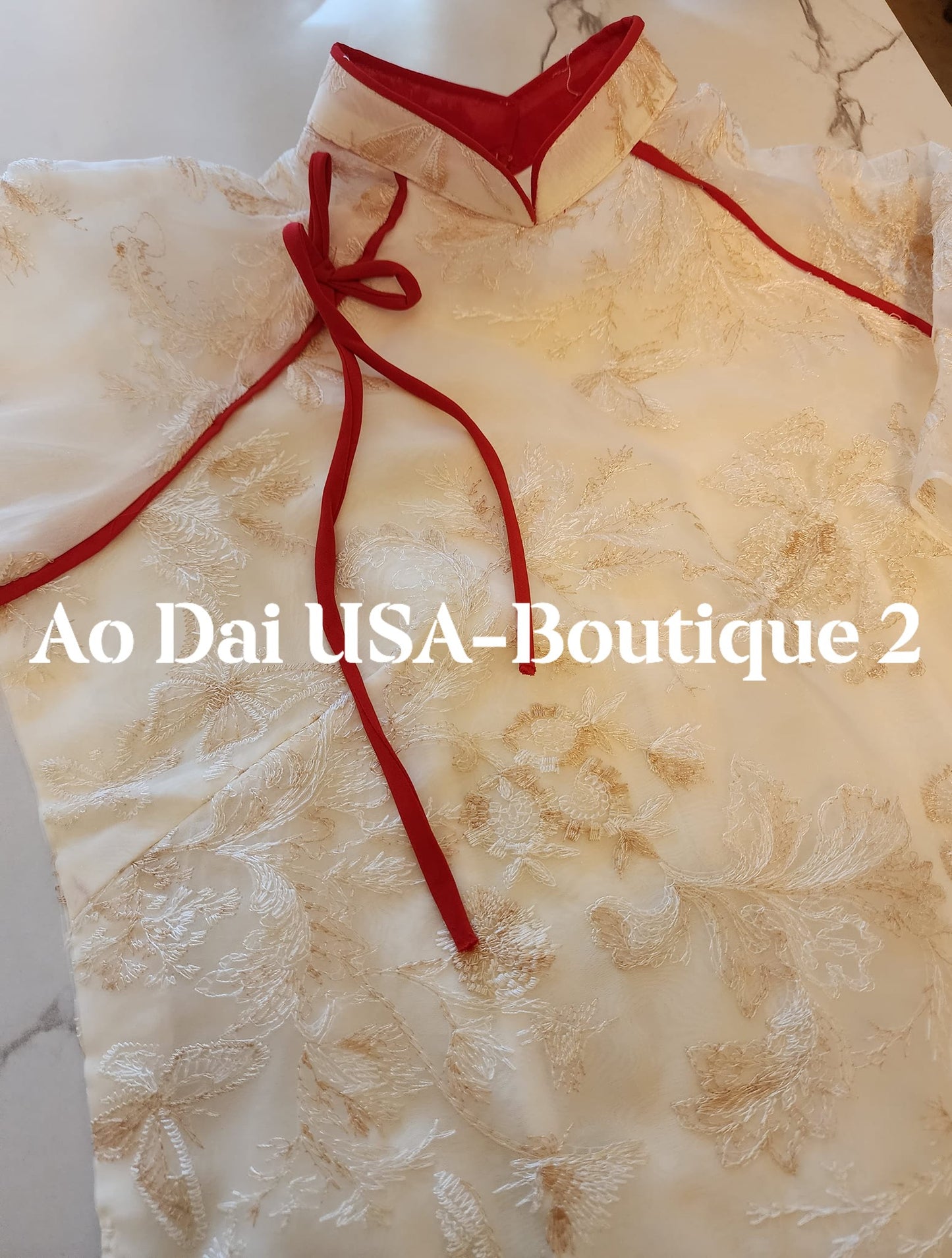 Modern Cream Ao Dai Set: Embroidered Flowers, Red Pants CT236