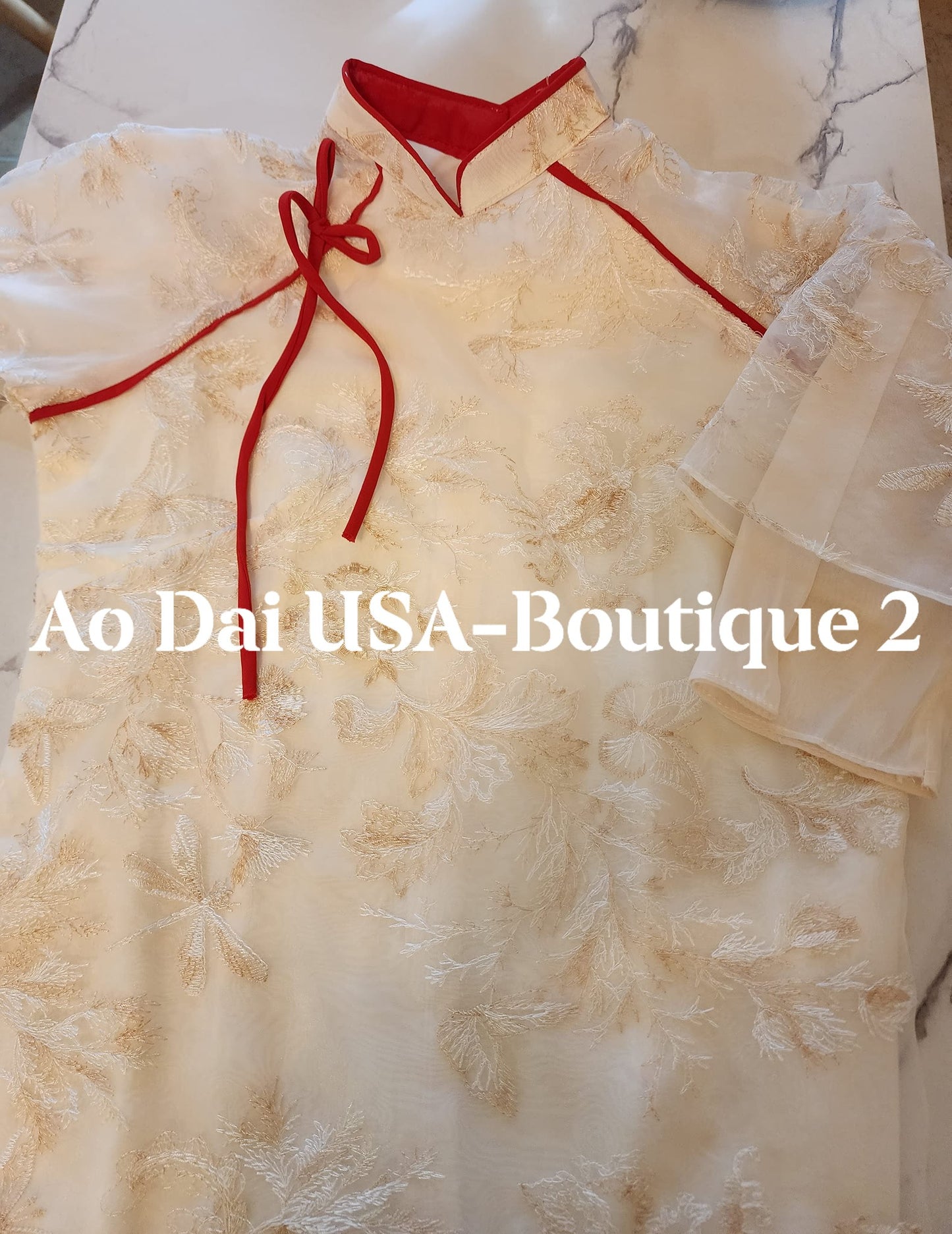 Modern Cream Ao Dai Set: Embroidered Flowers, Red Pants CT236