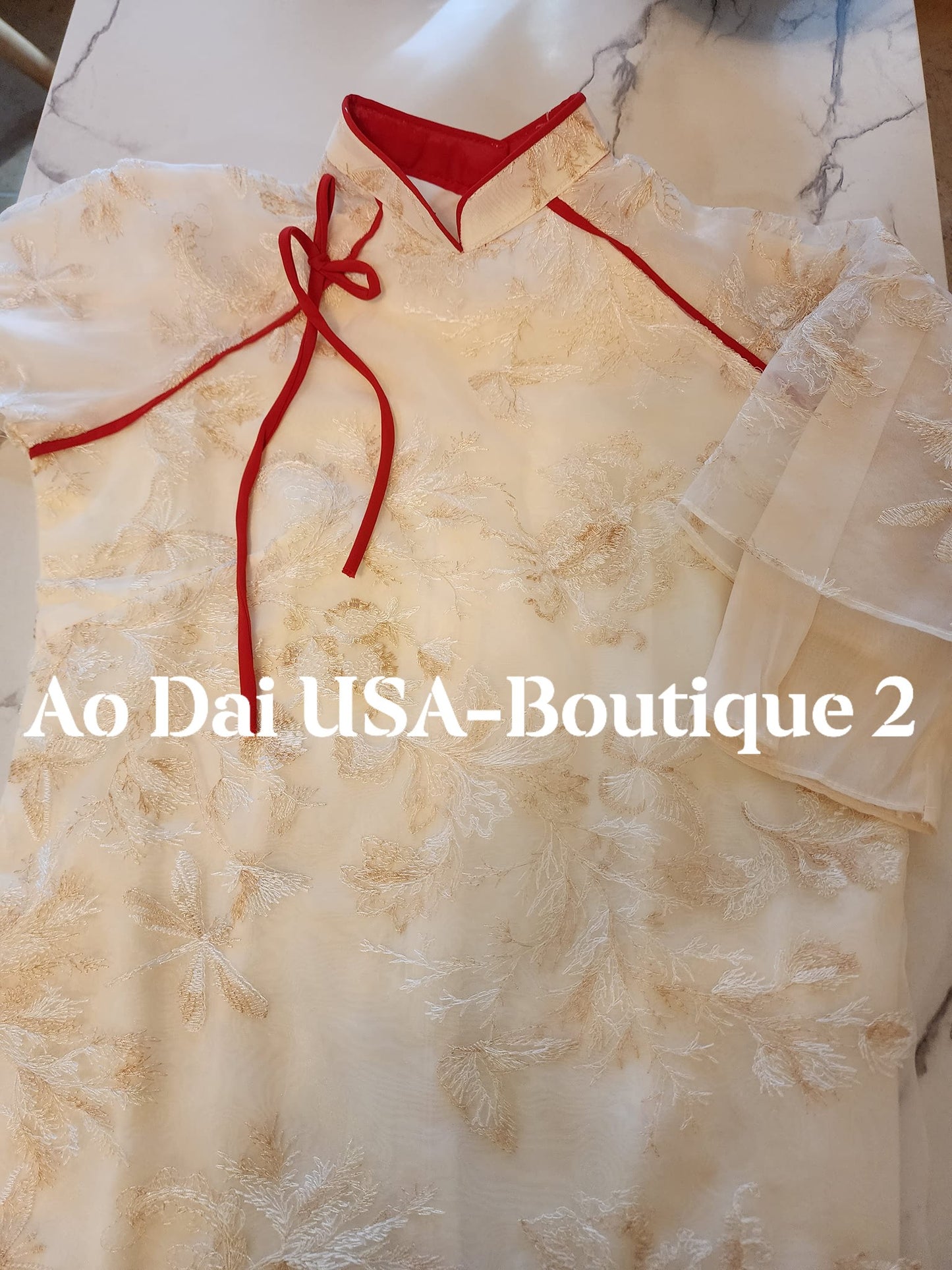 Modern Cream Ao Dai Set: Embroidered Flowers, Red Pants CT236