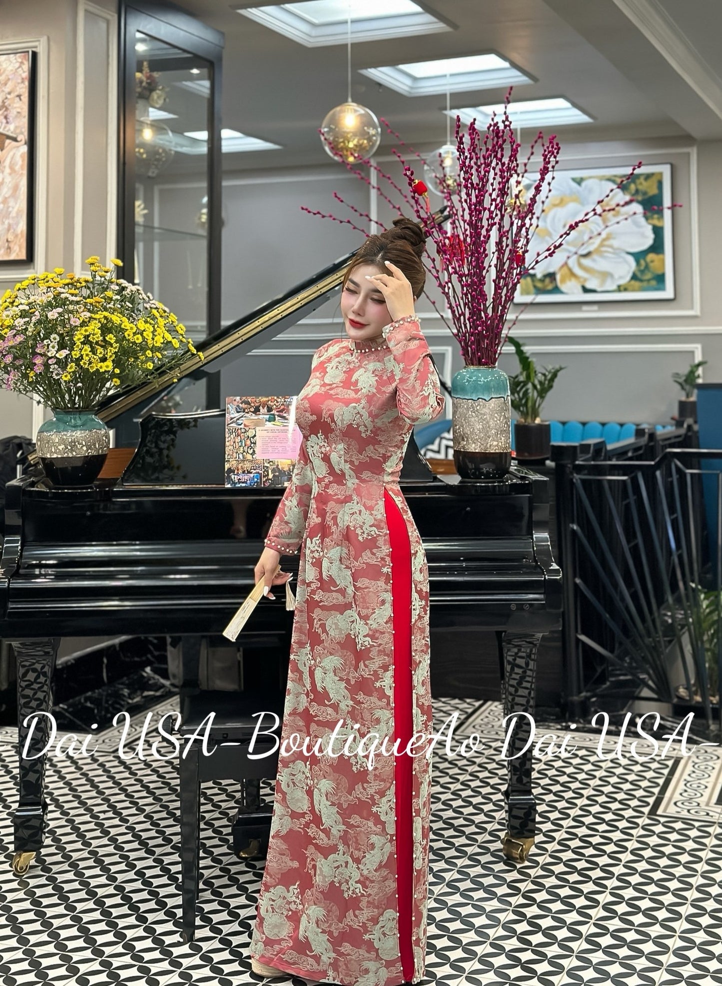 Red Thai Tuan Ao Dai Dressl Traditional Vietnamese Long Dressl Ao Dai Truyen Thong Viet Naml No pants/ G311