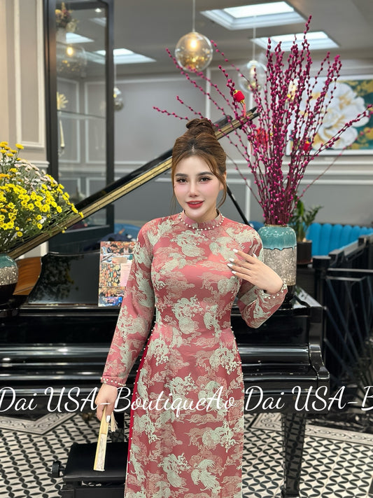 Red Thai Tuan Ao Dai Dressl Traditional Vietnamese Long Dressl Ao Dai Truyen Thong Viet Naml No pants/ G311