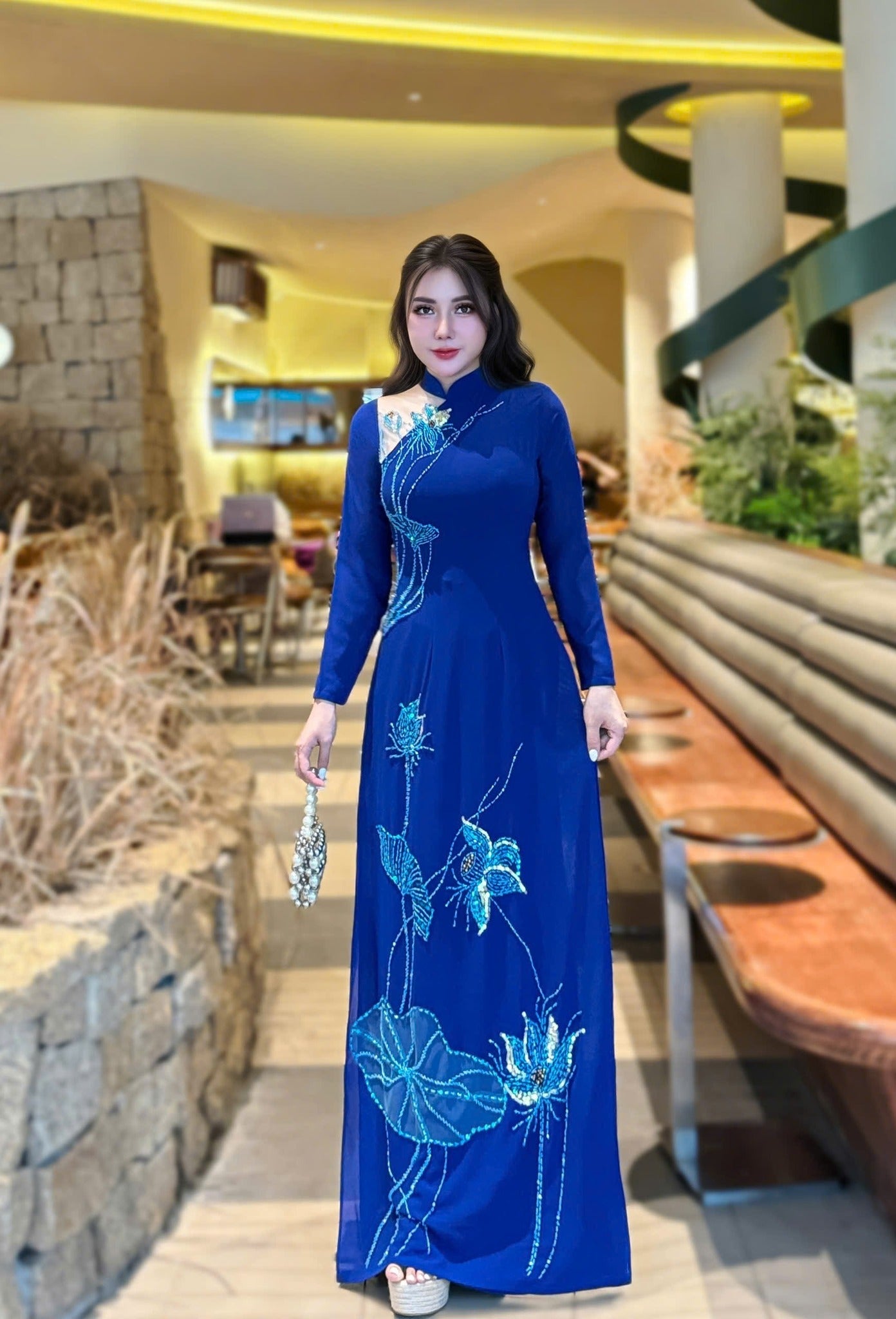 Set Ao Dai Chiffon Double Layers Design with Crystal