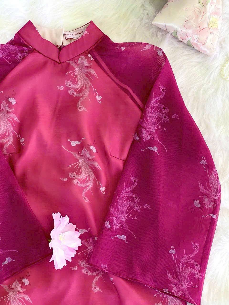 Hot Pink Phoenix Ao Dai Set: Modern Vietnamese Style with Pants/ CT247