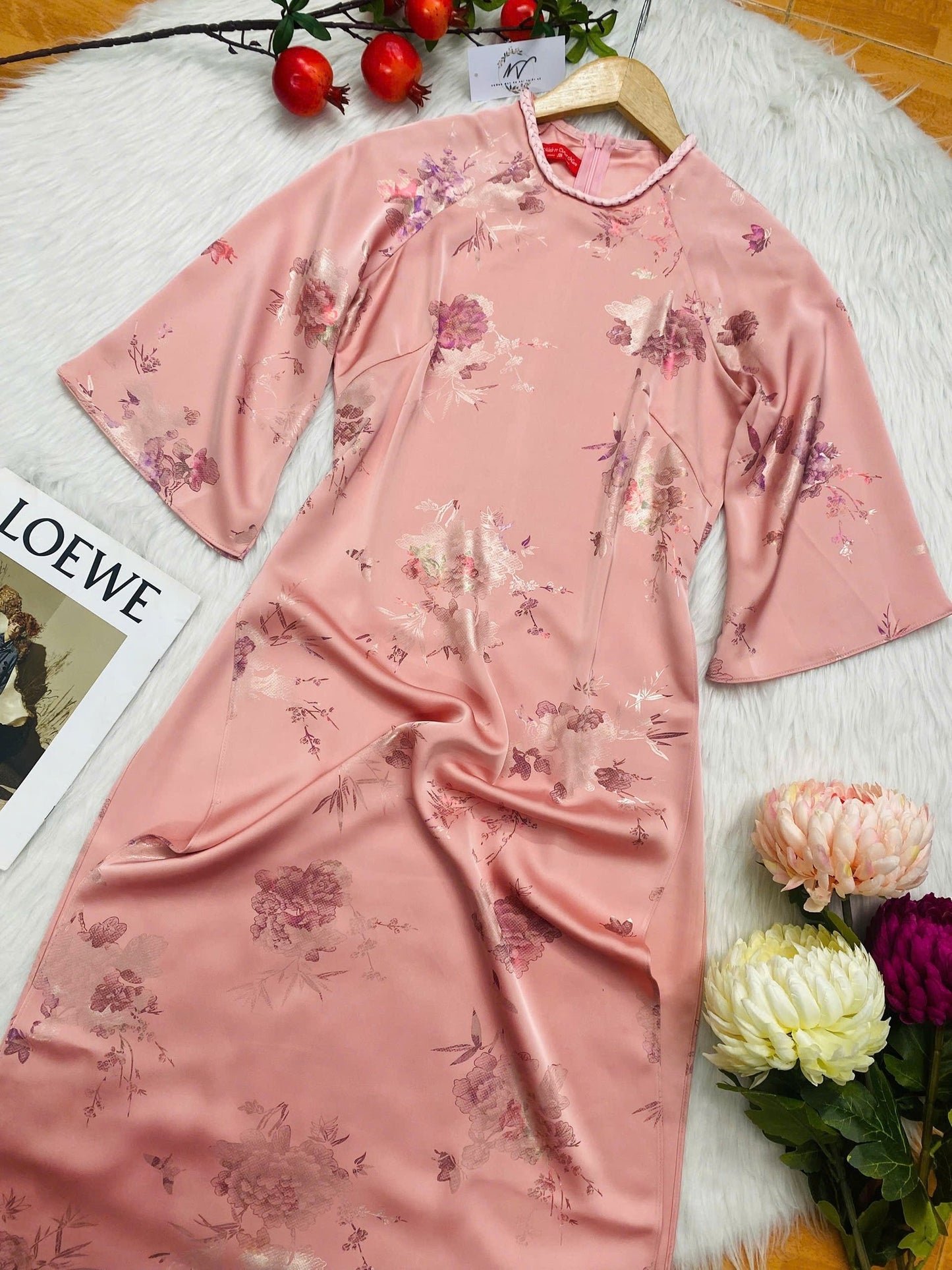 Embroidered Ao Dai Cach Tan: Pink Peach Vietnamese Dress with Pants CT295