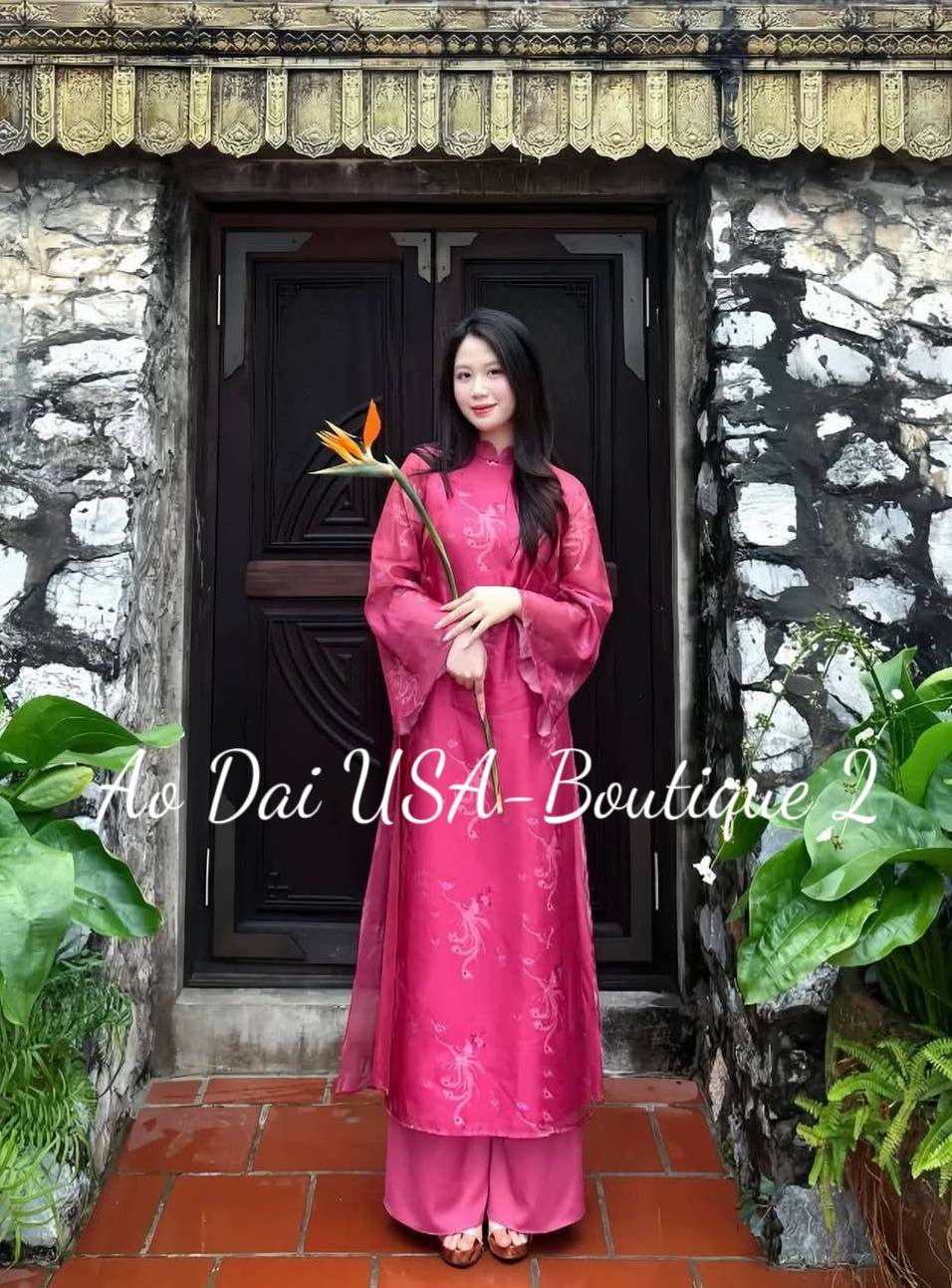 Hot Pink Phoenix Ao Dai Set: Modern Vietnamese Style with Pants/ CT247