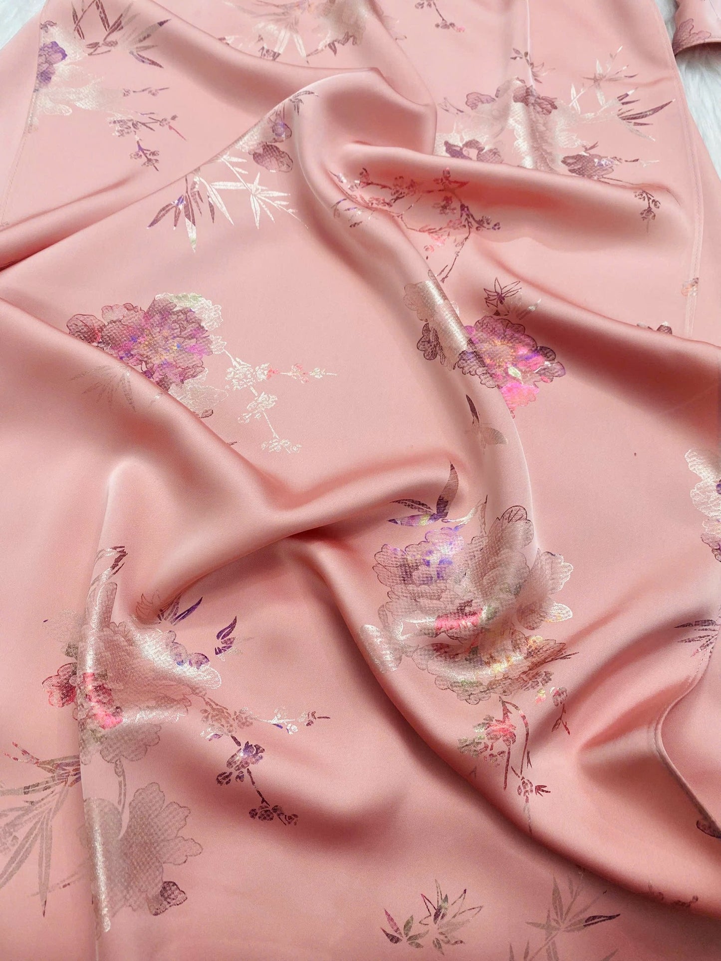 Embroidered Ao Dai Cach Tan: Pink Peach Vietnamese Dress with Pants CT295
