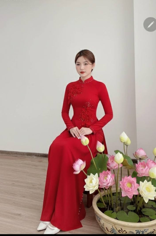 Red Ao Dai Lụa Tay Thi Set: Vietnamese Traditional Dress with White Pants CT255