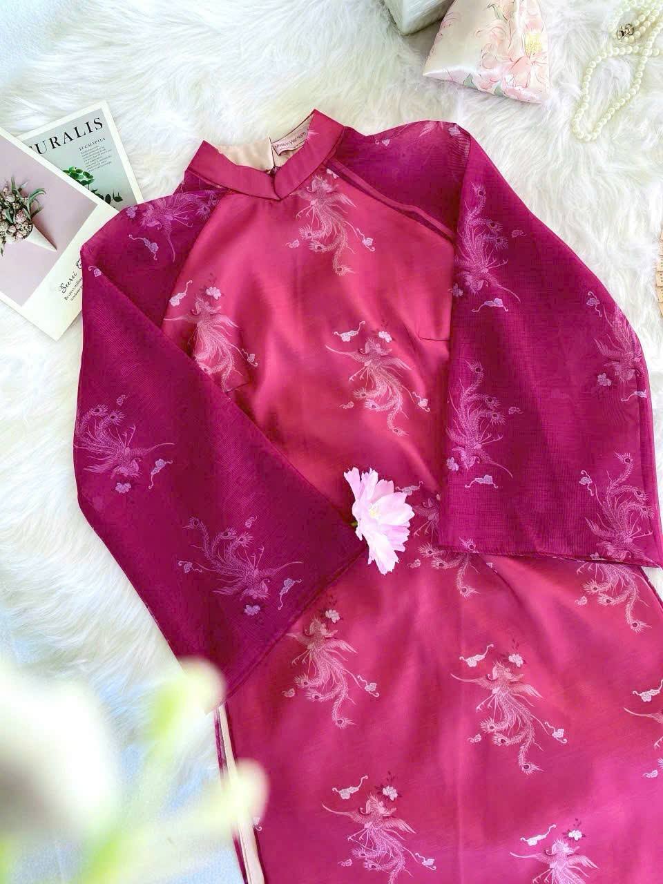 Hot Pink Phoenix Ao Dai Set: Modern Vietnamese Style with Pants/ CT247