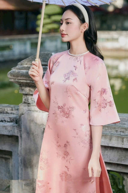 Embroidered Ao Dai Cach Tan: Pink Peach Vietnamese Dress with Pants CT295