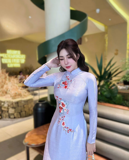 TIM MAI Set Ao Dai Light Purple Color/ Embroidered Ao Dai/White Pants include/B241