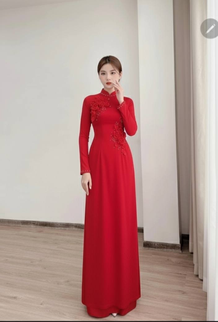 Red Ao Dai Lụa Tay Thi Set: Vietnamese Traditional Dress with White Pants CT255