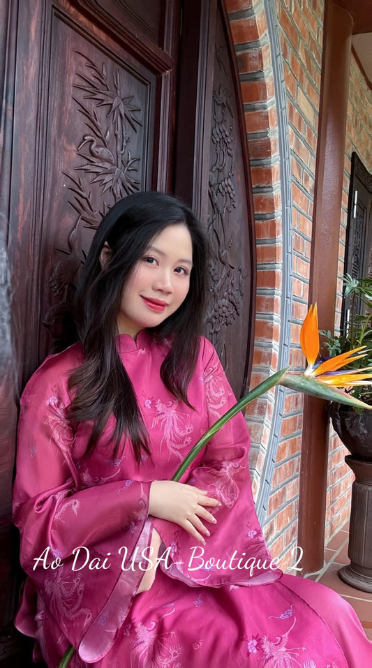 Hot Pink Phoenix Ao Dai Set: Modern Vietnamese Style with Pants/ CT247