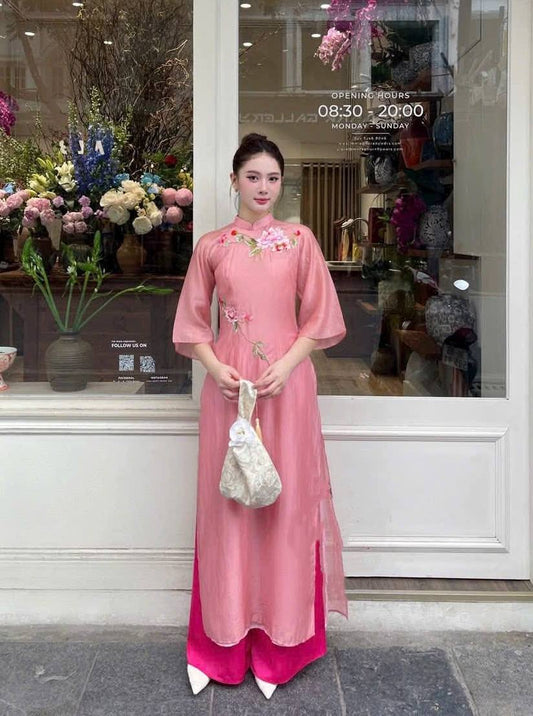 Pink Ao Dai Cach Tan: Embroidered Flower Design with Hot Pink Pants CT240