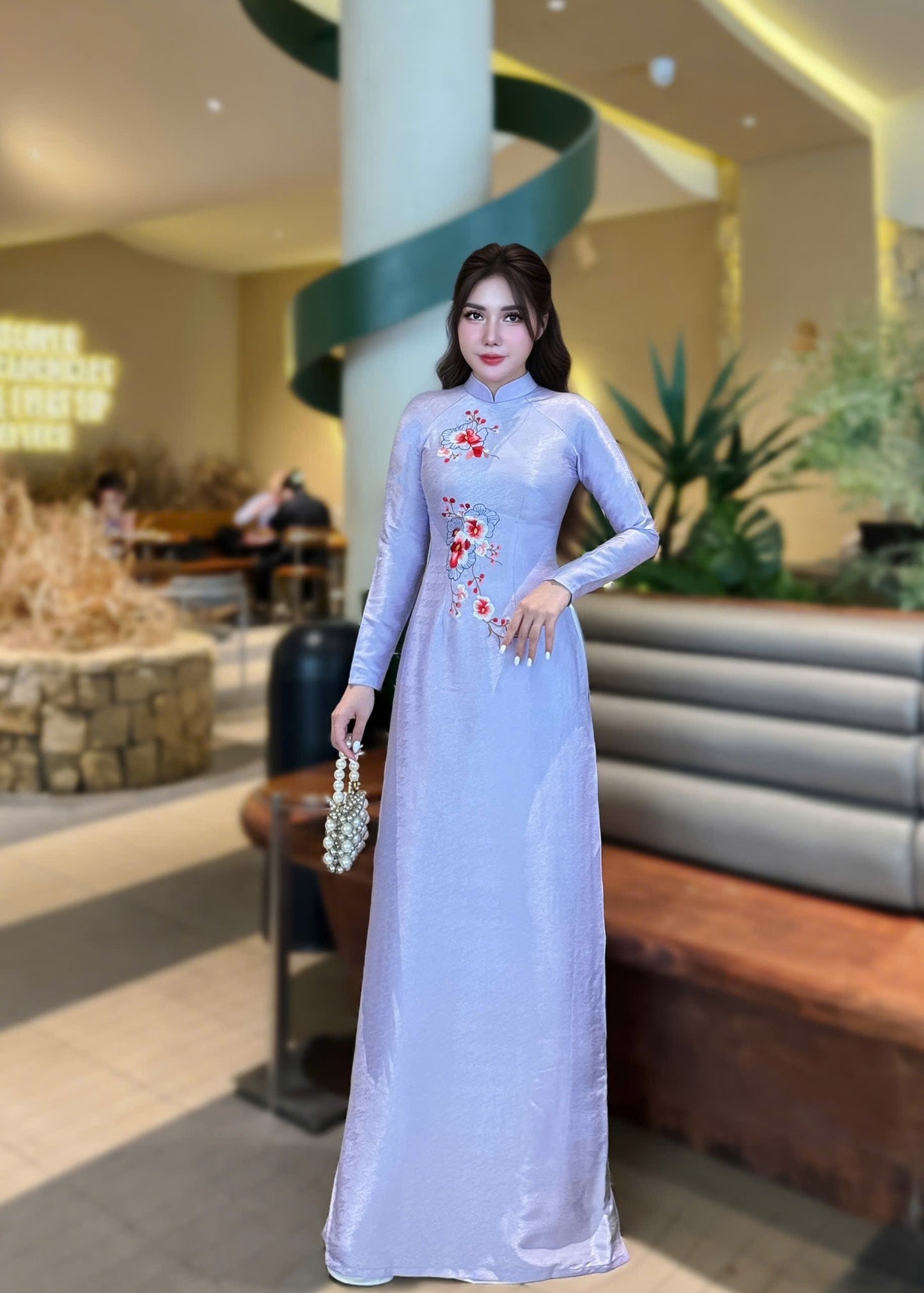 TIM MAI Set Ao Dai Light Purple Color/ Embroidered Ao Dai/White Pants include/B241