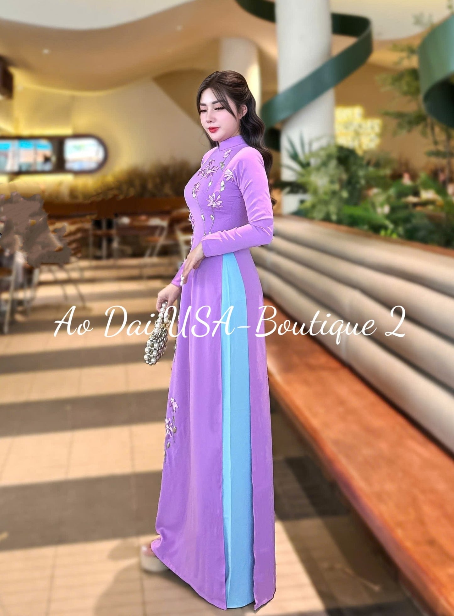 Floral Ao Dai Lua Thai Tuan: Vietnamese Long Dress with Blue Pants TK 46