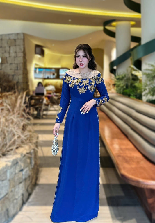 Set Ao Dai Chiffon Double Layers Design with Crystal/Blue Color Ao Dai For Her/Traditional dresses Vietnamese Ao Dai/ Pants included/ TK46