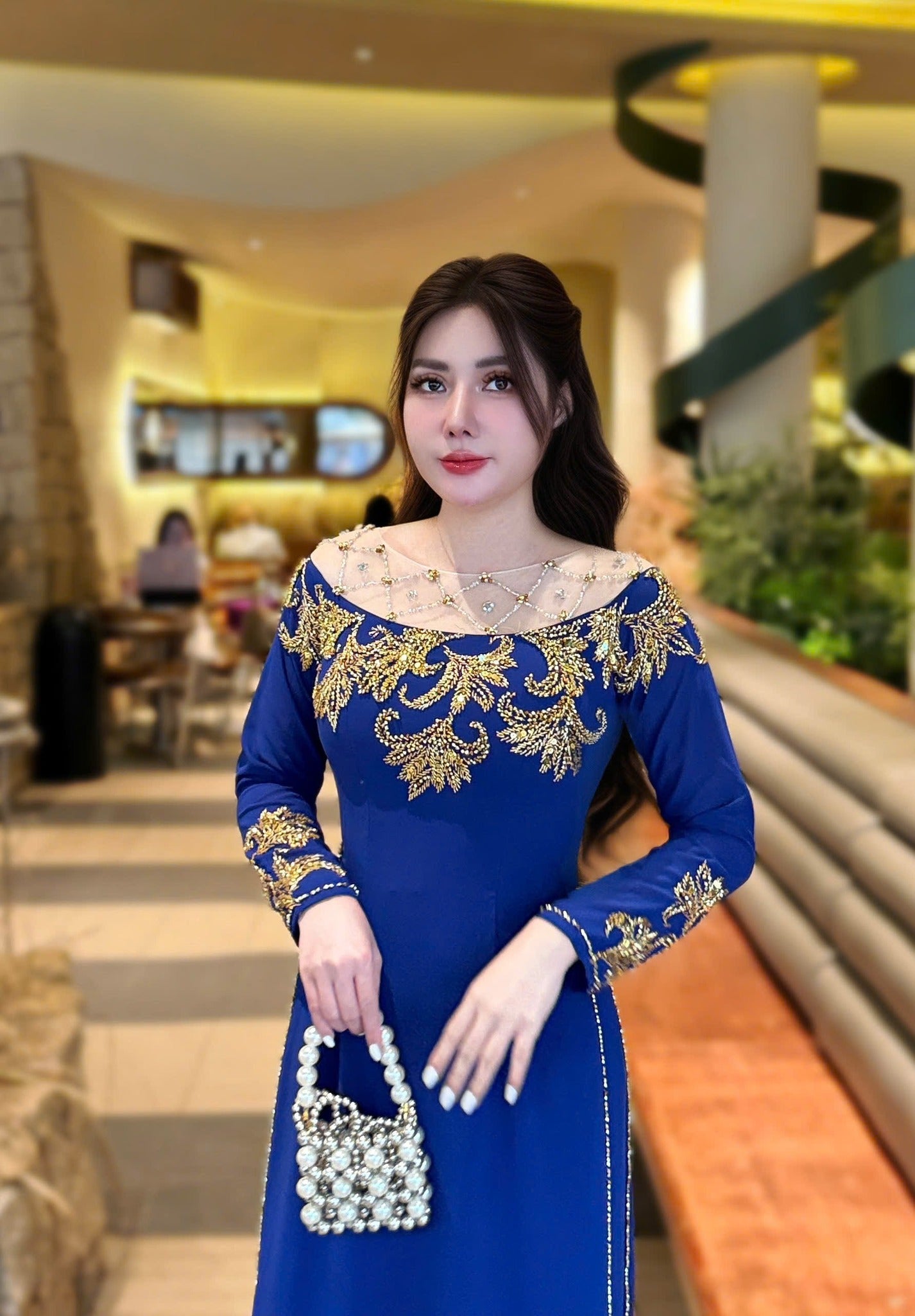 Set Ao Dai Chiffon Double Layers Design with Crystal/Blue Color Ao Dai For Her/Traditional dresses Vietnamese Ao Dai/ Pants included/ TK46