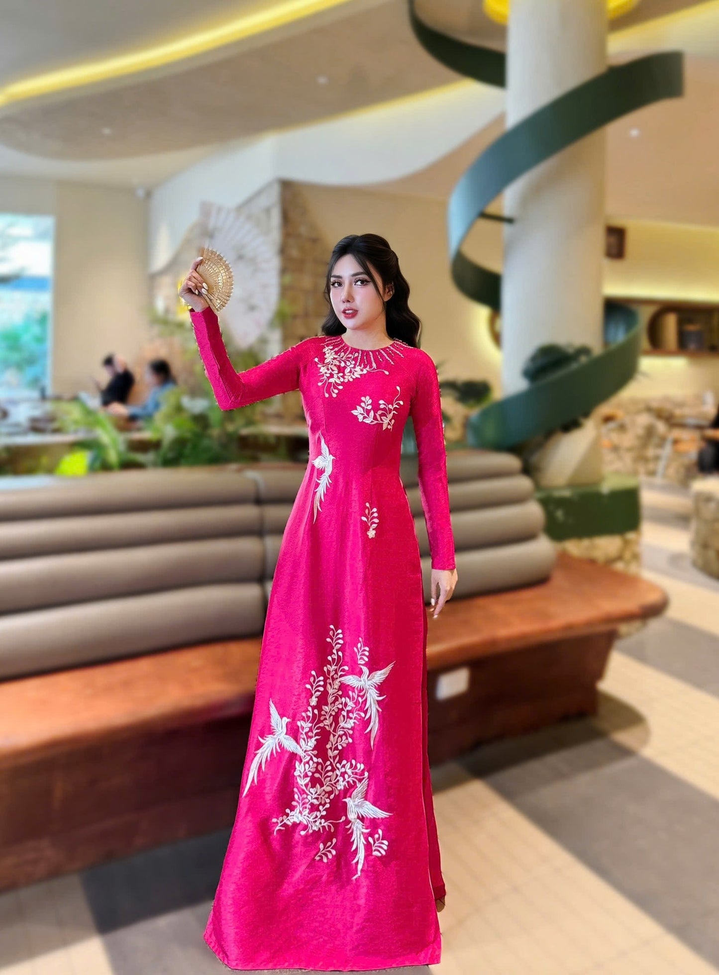 Hot Pink Ao Dai: Vietnamese Traditional Dress with White Pants TT77