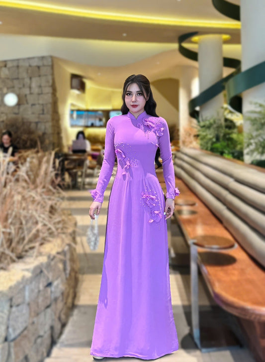 Hand Beaded Purple Ao Dai Set: Vietnamese Traditional Dress/ DS43