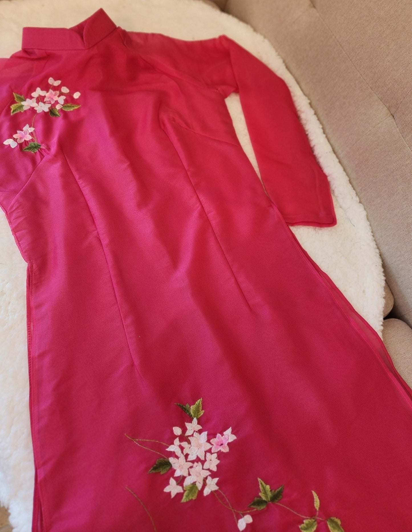 Fusica Ao Dai Dress: Vietnamese Modern Design, Pink Peach Pants CT289