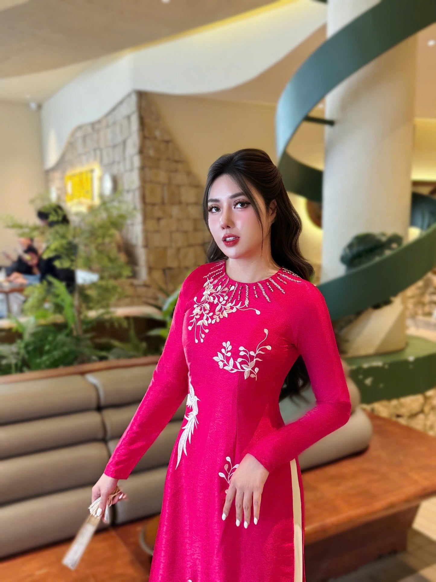 Hot Pink Ao Dai: Vietnamese Traditional Dress with White Pants TT77