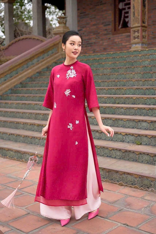 Hot Pink Sparkle Ao Dai Set: Modern Vietnamese Dress with Light Pink Pants CT291