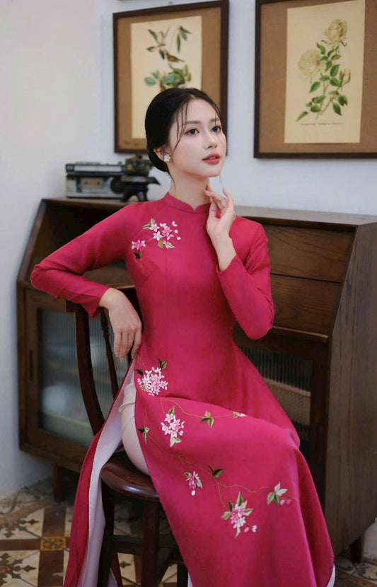 Fusica Ao Dai Dress: Vietnamese Modern Design, Pink Peach Pants CT289