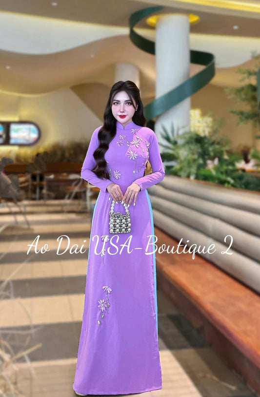 Floral Ao Dai Lua Thai Tuan: Vietnamese Long Dress with Blue Pants TK 46