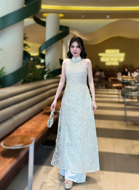 Set Modern Sleeveless Ao Dai Cach Tan/ Cream Color with Pants included/CT251
