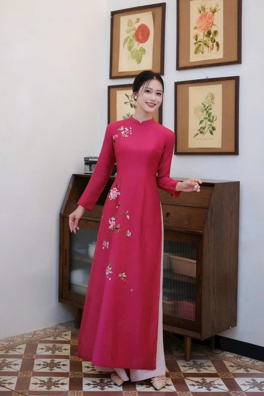 Fusica Ao Dai Dress: Vietnamese Modern Design, Pink Peach Pants CT289