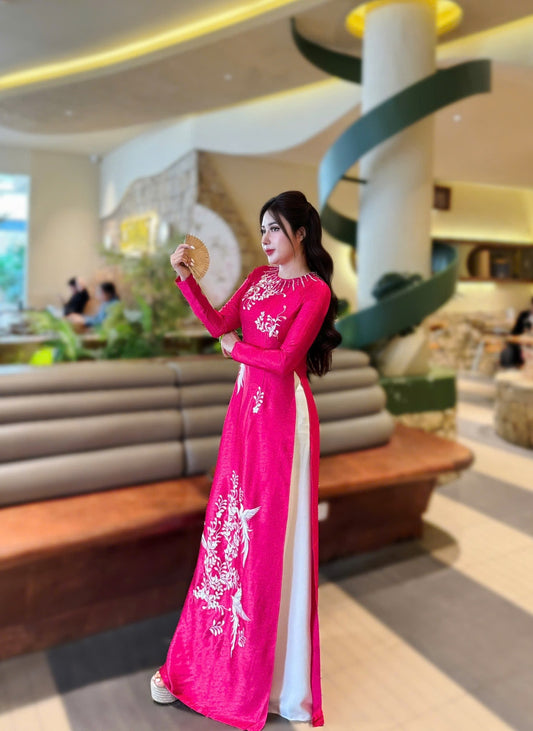 Hot Pink Ao Dai: Vietnamese Traditional Dress with White Pants TT77