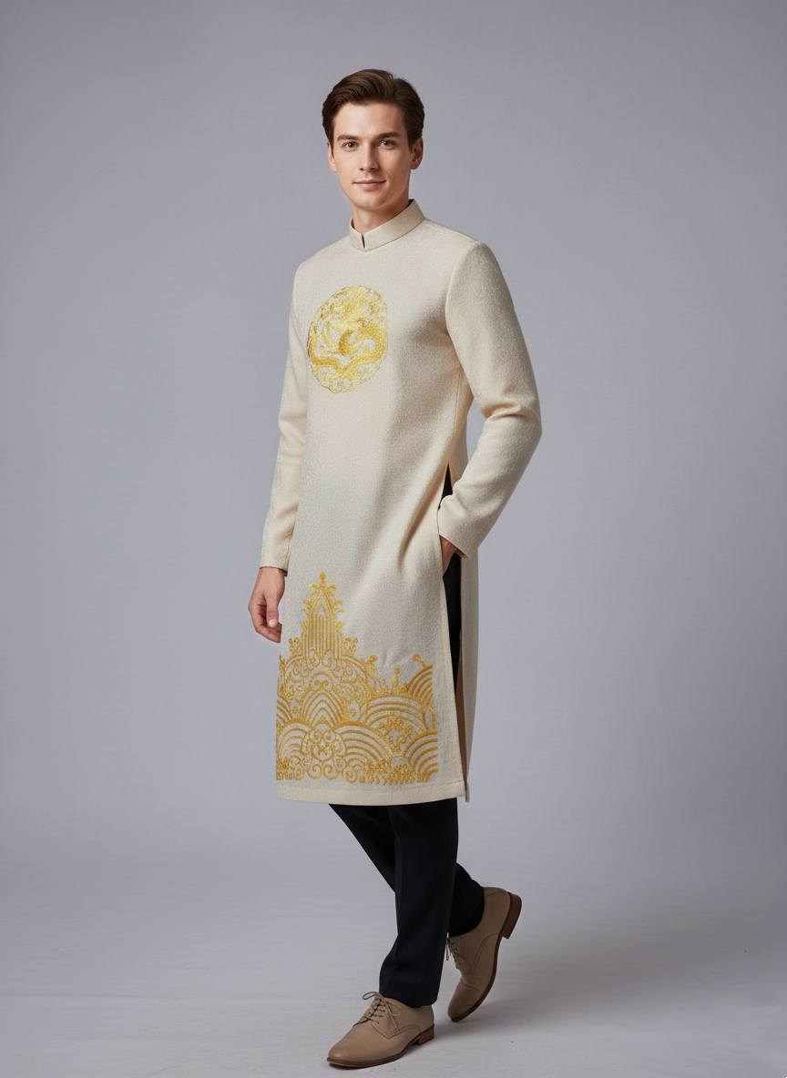 Áo Dài Nam Cream Color Design with Dargon Embroied/B156
