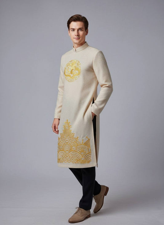Áo Dài Nam Cream Color Design with Dargon Embroied/B156
