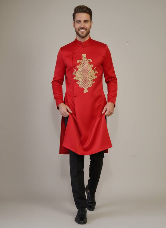 Áo dai Nam Yellow on Red Design B157